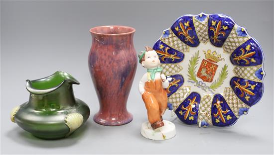 A Loetz style vase, Faience dish, etc